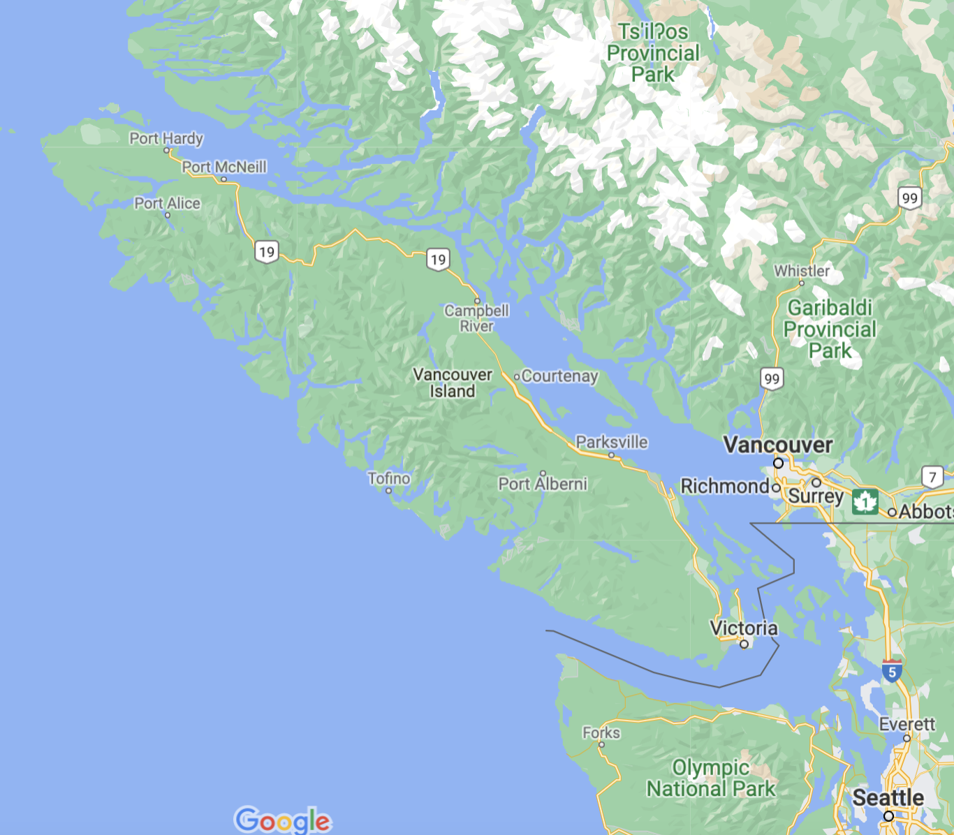 知识点：温哥华岛（左）和温哥华市（右）完全不是一个地方